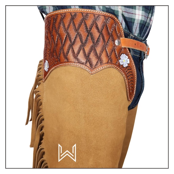 Tough 1 Suede Leather Western Shotgun Chaps – Fringed – Available In Black Or Brown, Sizes XS To XL