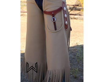 Beige Leather Western Chinks: 6-Inch Fringes, Custom Fit