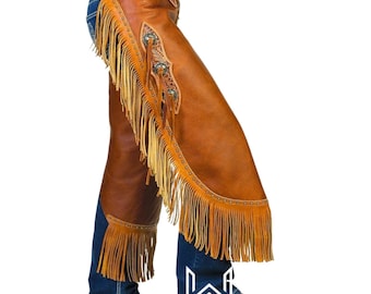Golden Brown Leather Western Chinks: 6-Inch Fringes, Custom-Fit