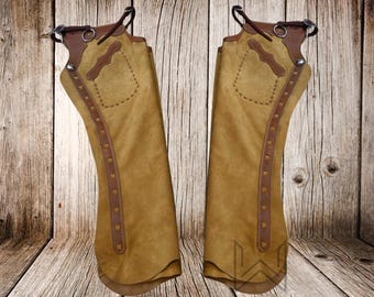 Custom Tan Leather Western Cowboy Shotgun Chaps for Men & Women-Rodeo chaps, Ranch Outfit, Western Show Chaps, Custom Fit, Gift for Him-Her