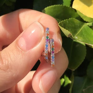 Silver Huggie Hoop Earrings: Colorful Gemstone Stainless Steel Hoops