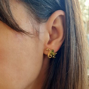 Emerald Marquise Stud Earrings, Gold Plated Mini Crawlers, Elegant Green Stone Jewelry, Gold Earrings, Swan Earrings, Cute Stud Earrings