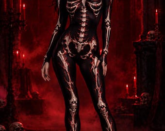 Women’s Skeleton Bodysuit, Gothic Halloween Catsuit, Lycra Skeleton Costume, Horror Cosplay Suit