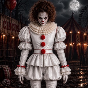 Op de afbeelding: Een clownskostuum bestaande uit een wit, gestructureerd kledingstuk met lange mouwen en een hoge, geplooide kraag. De outfit bevat drie grote, ronde, rode pompons aan de voorzijde, rode accenten en geplooide manchetten bij de polsen. De clown heeft wild, donkerrood haar, witte schmink en rode markeringen rond de ogen en mond.