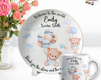 Cadeaux personnalisés pour enfants - Assiette de naissance pour bébé - Cadeau souvenir pour un nouveau-né - Assiette personnalisée pour enfant - Mug enfant personnalisé - Cadeau