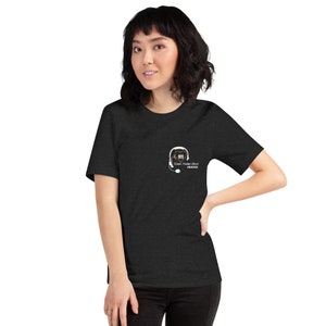 May include: A dark heather grey t-shirt with a white graphic of a headset with a heart and the text "911 Your Name Here Dispatcher".