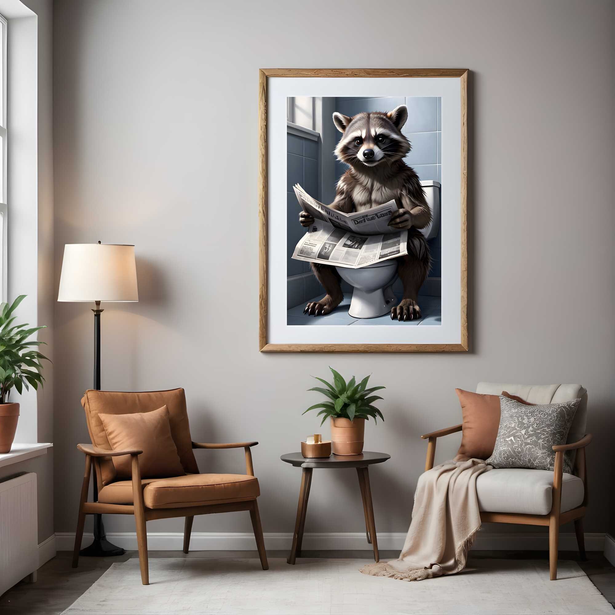 Raccoon Sitting on the Toilet Reading Newspaper, Funny Bathroom Wall ...