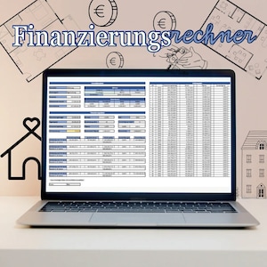 Può includere: Un computer portatile che mostra un foglio di calcolo con le parole tedesche "Finanzierungsrechner" (Calcolatore di finanziamento) in alto. Il foglio di calcolo contiene colonne con intestazioni come "Tasso di interesse", "Importo del prestito" e "Pagamento mensile".