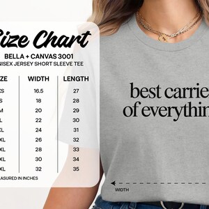 Bella + Canvas 3001 unisex t-shirt size chart with width and length measurements.