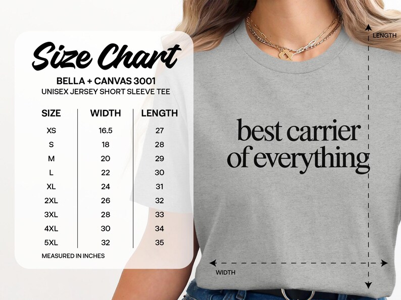 Bella + Canvas 3001 unisex t-shirt size chart with width and length measurements.