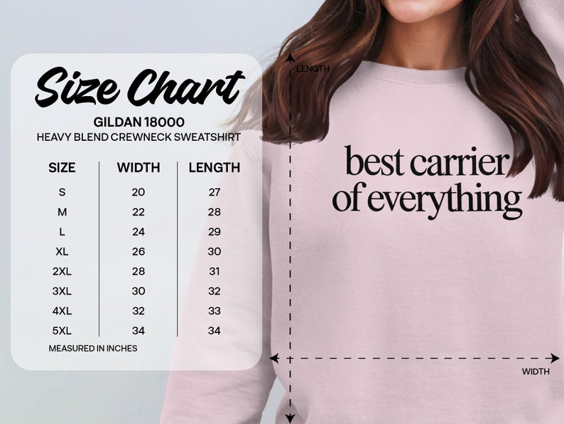 Gildan 18000 sweatshirt size chart with measurement table.