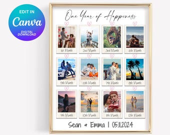 Custom 1 Year Anniversary Gift for Boyfriend or Girlfriend, Polaroid Photo Frame, Couple Anniversary, Printable Template, 12 Polaroid Photos