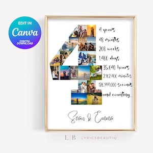 Puede incluir: Impresión enmarcada con borde dorado, con un collage de fotos en forma del número 4. El texto incluye "4 años, 48 meses, 208 semanas" y los nombres "Sean & Emma". Un logotipo de Canva está en la esquina superior izquierda.