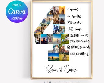 Editable 20 Photos, Custom 4th Anniversary Collage Gift, Photo Collage Gift, Number Collage, 4 Years Anniversary, 4 Year Collage Template