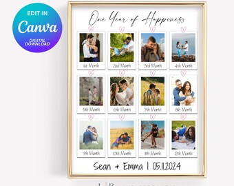 Custom Polaroid Frame Anniversary Template, 1 Year Anniversary Gift for Boyfriend and Girlfriend, Printable Canva Template, 12 Photo Collage