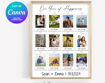 Custom 1 Year Anniversary Gift for Boyfriend or Girlfriend, Polaroid Photo Frame, Couple Anniversary, Printable Template, 12 Polaroid Photos
