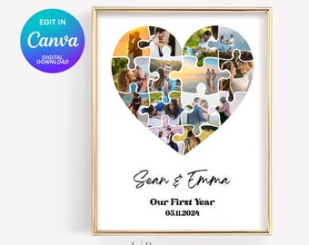 1st Anniversary Gift for Boyfriend, Heart Puzzle Photo Collage Template, Heart Wedding, Anniversary Present For Her, EDITABLE Heart Template