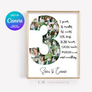 Plantilla de Canva editable de 20 fotos, collage de fotos personalizado para el tercer aniversario, regalo para novio, collage de tercer año, regalos para el tercer aniversario