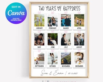 Custom 2 Year Anniversary Gift for Boyfriend or Girlfriend, Polaroid Photo Frame, Couple Anniversary, Printable Template, 12 Polaroid Photos