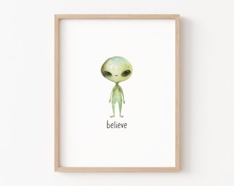 Alien Printable, Alien Print Wall Decor, Funny UFO Print, Minimalist Alien Wall Art, Green Alien Poster