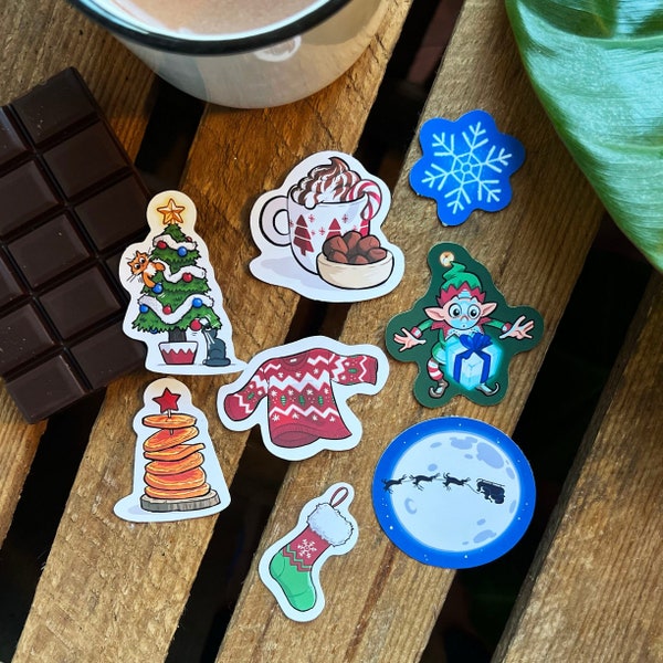 Pack de 8 autocollants de Noël, stickers de noël, fêtes, stickers mignons, idée cadeau, sapin, traineau, flocon, lutin, pull, chausette, mug