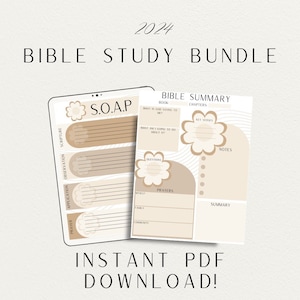 May include: A printable Bible study bundle with a beige and brown color scheme. The bundle includes a S.O.A.P. study guide and a Bible summary page. The text on the page reads "2024 Bible Study Bundle" and "Instant PDF Download!"