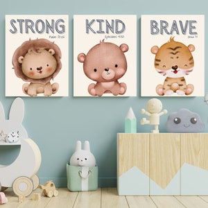 Christian Nursery Wall Art Set of 3- DIGITAL DOWNLOAD | Cute Animal Wall Art | Baby Boy Nursery | Bible Verse Wall Art | Printable Bible Art