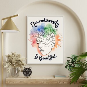 Peut inclure: Une impression encadrée blanche avec un fond aquarelle de couleurs arc-en-ciel. L'impression présente un dessin au trait d'une tête humaine avec un cerveau à l'intérieur. Le texte "Neurodiversity is Beautiful" est écrit en cursive noire.
