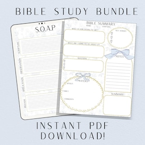 May include: A Bible study bundle with a floral design. The bundle includes a digital notebook with the acronym S.O.A.P. and a Bible summary sheet. The summary sheet has sections for key verses, notes, and prayers. The text "Instant PDF Download!" is also visible.