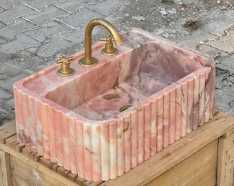 Rosa Marmor Waschbecken, gerippte 3 Seiten, Marmor Waschbecken, Badezimmer Marmor Waschbecken, Wandmontage Waschbecken, Sonderbestellung Waschbecken, Waschbecken Eitelkeit