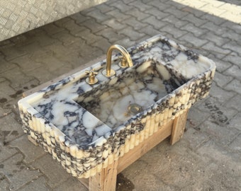 Calacatta Viola Marmor Waschbecken,gerippt 3 Seiten,Marmor Waschbecken, Trendy Waschbecken, Badezimmer Eitelkeit,Badezimmer Waschbecken,Badezimmer Marmor Waschbecken