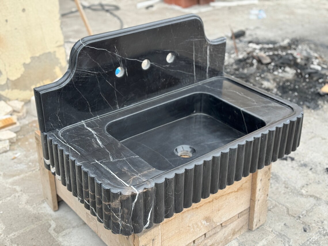 Nero Black Backsplash Marble Sink,ribbed 3 Sides ,marble Wash Basin,bathroom Wash Basin ...