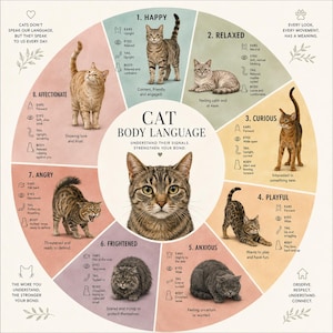 May include: A circular educational chart titled Cat Body Language featuring a central cat portrait surrounded by eight segments illustrating feline behaviors: happy, relaxed, curious, playful, anxious, frightened, angry, and affectionate with text.