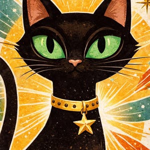 Atomic Cat Art Print, Mid Century Modern Sci-Fi Poster, Retro Black Cat Printable Wall Art, Kitsch Space Age, Gift for Cat Lover, 14 Colors