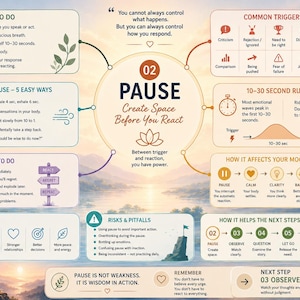 May include: An educational infographic titled 02 PAUSE Create Space Before You React, featuring sections on what to do, common triggers, the 10-30 second rule, how to pause, mood effects, benefits, risks, and next steps against a sunset landscape.