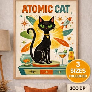 Atomic Cat Art Print, Mid Century Modern Sci-Fi Poster (Instant Download)