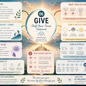 以下が含まれることがあります： 06 GIVE Shift Your Focus Outwardと題されたインフォグラフィック。行動指針、エゴの思考、気分の変化、リスク、利点、日々の練習などのセクションで構成され、夕暮れの風景を背景にテキストとアイコンが配置されています。