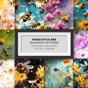 Könnte beinhalten: Ein Set mit 10 digitalen nahtlosen Mustern mit Bienen in verschiedenen Stilen, darunter Aquarell-, abstrakte und florale Designs. Die Muster sind 30,5 cm x 30,5 cm groß und haben 300 DPI.