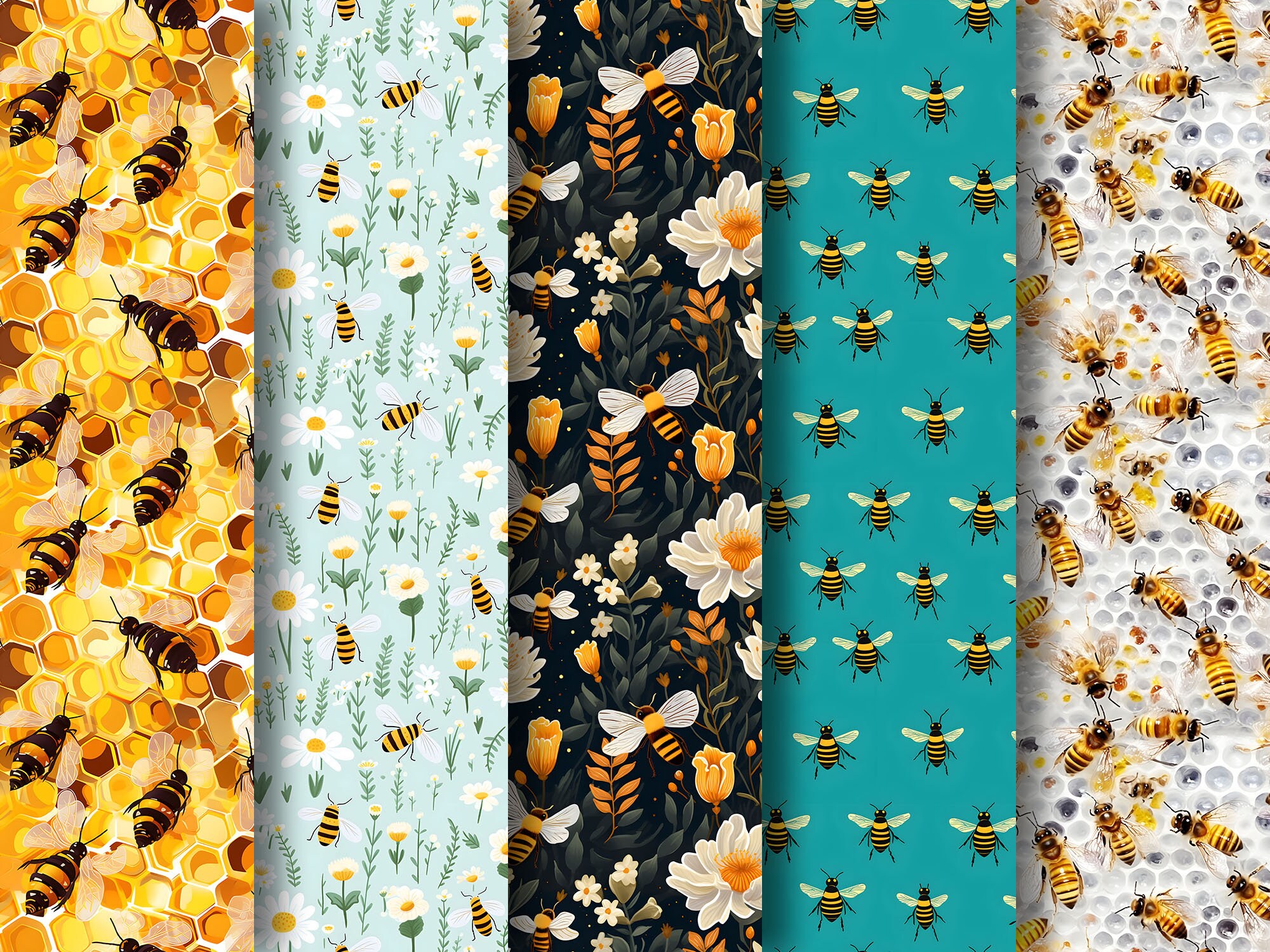 10 Mixed Style Bee Seamless Digital Patterns, Bee Prints, Bee ...
