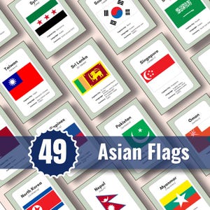 Op de afbeelding: Een verzameling van 49 Aziatische vlaggen, weergegeven op rechthoekige kaarten. Elke kaart toont een vlagontwerp, de landnaam en andere details. Een blauwe banner met de tekst "49 Asian Flags" is ook zichtbaar.