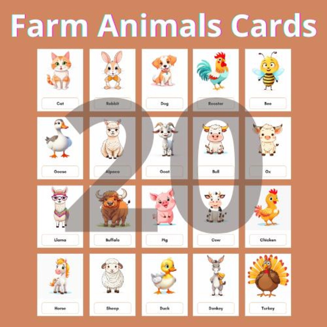 Printable Farm Animal Flashcards – 20 Cute Animals – Kids Learning ...