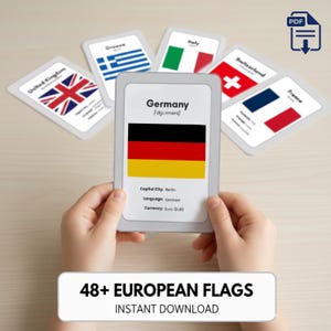 Europese landen vlaggen Flashcards | Afdrukbare leerkaarten | Hoofdletters, valuta's en talen | Educatief spel over aardrijkskunde (pdf)