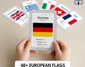 European Countries Flags Flashcards | Printable Learning Cards | Capitals, Currencies & Languages | Educational Geography Game PDF