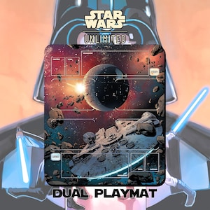 May include: A dual-sided Star Wars: Unlimited playmat featuring a space scene with the Death Star, a starfighter, and asteroids. The playmat has designated areas for cards, dice, and tokens. The text "Star Wars Unlimited" is printed at the top of the playmat.