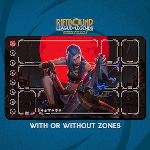 May include: A rectangular Riftbound League of Legends trading card game playmat. The mat features a character illustration with a red moon backdrop. Text includes "Riftbound League of Legends Trading Card Game" and "With or Without Zones".