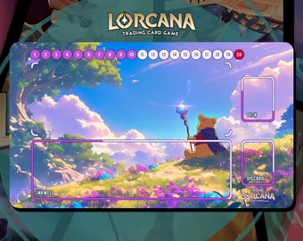 May include: A colorful playmat for the Disney Lorcana Trading Card Game featuring a whimsical landscape with a Winnie the Pooh character. The playmat has spaces for a deck, discard pile, and inkwell. The text "Disney Lorcana Trading Card Game" is printed on the playmat.