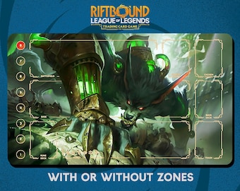 May include: A League of Legends trading card game playmat featuring a green and gold illustration of a monster. The mat has zones for cards and the text "WITH OR WITHOUT ZONES". The game's logo is at the top.