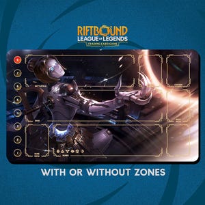 May include: A Riftbound League of Legends trading card game playmat. The mat features a futuristic female character with a purple and silver colour scheme. The mat has zones for cards and the text "WITH OR WITHOUT ZONES".
