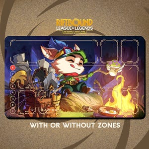 以下が含まれることがあります： 「Riftbound League of Legends Trading Card Game」用の長方形プレイマット。キャラクターの漫画イラストとキャンプファイヤーのシーンが特徴です。「WITH OR WITHOUT ZONES」のテキストが下にあります。