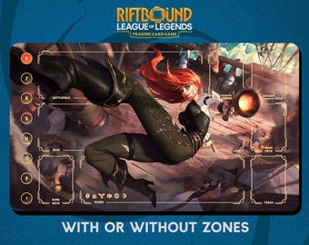 May include: A Riftbound League of Legends trading card game playmat. The mat features a detailed illustration of a female character with red hair and a black outfit. The mat has zones labeled "Battlefield", "Base", "Rune Deck", "Main Deck", and "Trash". The text "With or Without Zones" is at the bottom.